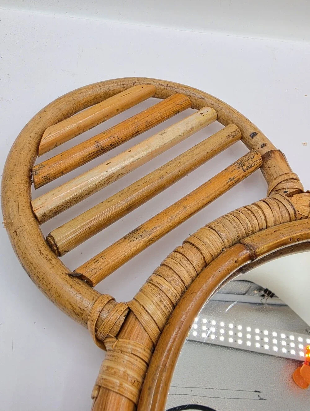Round Brown Rattan Framed Wall Mirror Mouse Ear Design Wall Mounted